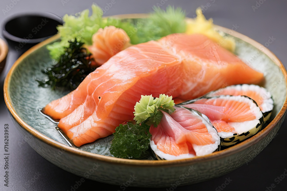 Savor the artistry of Japanese cuisine with a delectable plate set featuring fresh and vibrant salmon sashimi, a true feast for the senses. Savor the artistry of Japanese cuisine with a delectable plate set featuring fresh and vibrant salmon sashimi, a true feast for the senses.