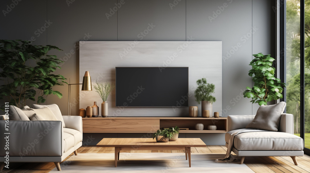 Sleek living room design showcasing a muted color palette, contemporary furnishings, and an assortment of indoor plants creating a fresh ambiance.
