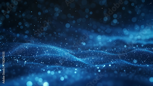abstract background of many moving small blue particles and lines. Chaotic Brownian particle