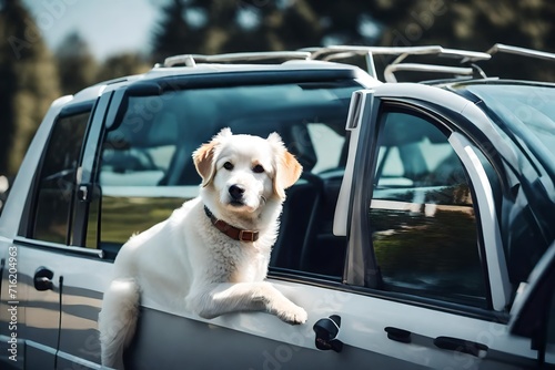 a dog siting in the window of a car