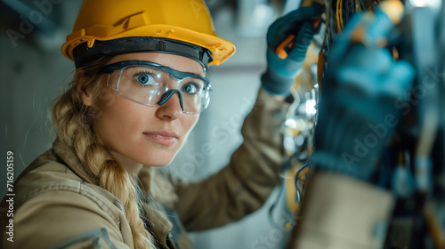  A diligent fireman, fully geared in a yellow hardhat and safety equipment, actively engages in work at an industrial construction site.A Woman in a big city, smiling, looking serious, working in a wa