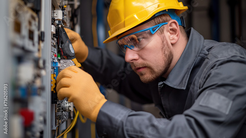 A man in a big city, smiling, looking serious, working in a warehouse or factory, electrical system, electrician, playing the role of a handsome businessman with an urban lifestyle.