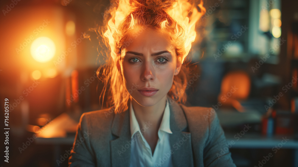 Business woman working amidst anger, stress, fire, work demon Business woman working amidst anger, stress, fire, work demon