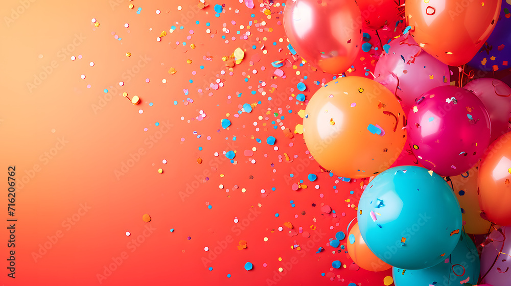 Vibrant spheres of joy and celebration dance upon a crimson canvas, adorned with whimsical party supplies and a burst of colorful confetti Vibrant spheres of joy and celebration dance upon a crimson canvas, adorned with whimsical party supplies and a burst of colorful confetti
