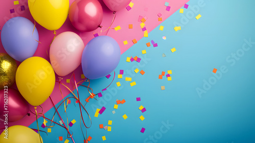 A colorful celebration of joy and playfulness  with floating balloons and shimmering confetti adorning a vibrant blue and pink backdrop