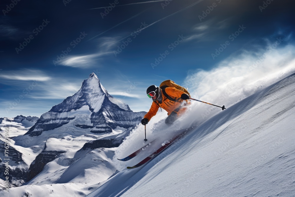Skiing in the Swiss Alps with snow-covered mountains.