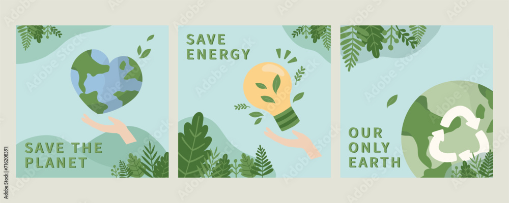 Hand drawn vector illustration of Happy Earth Day. Concept of caring for the earth, environmental problems and clean energy collection set. planet with hands holding, supporting, light bulb
