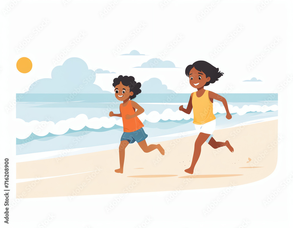 children running on the beach on the summer children running on the beach on the summer