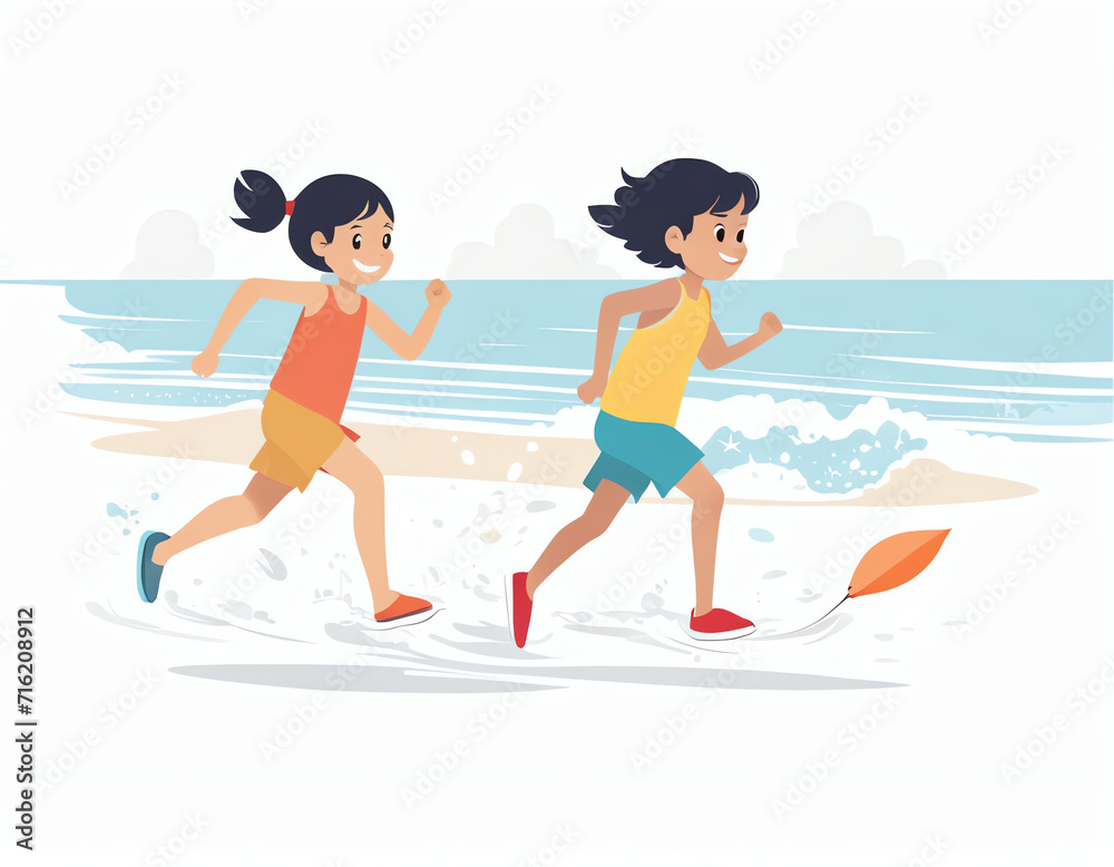 children running on the beach on the summer 
