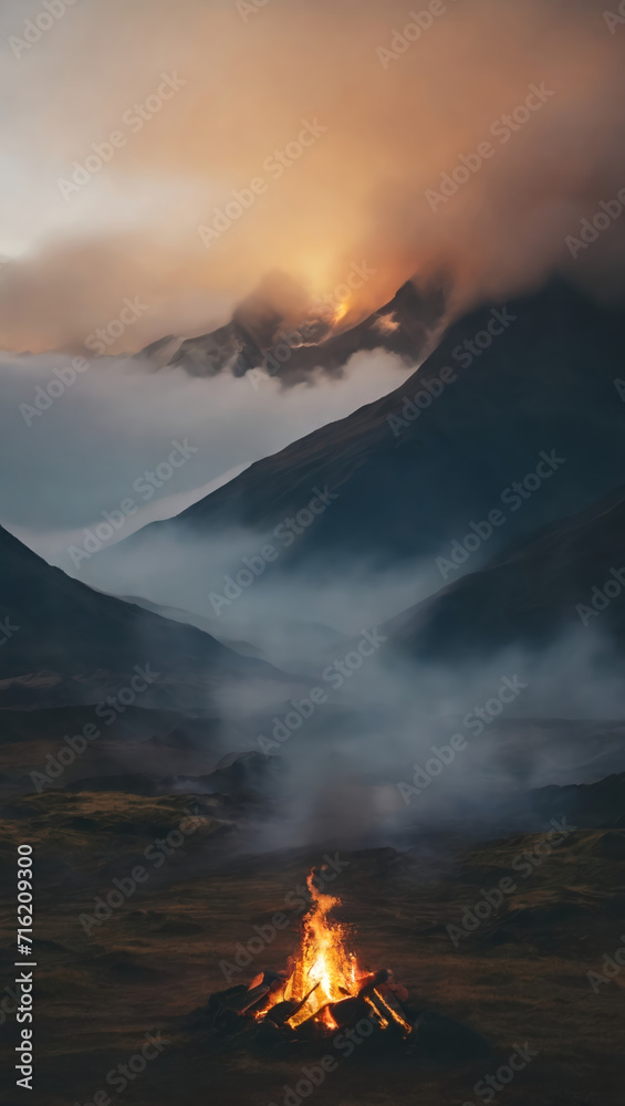 Fototapeta premium Embers of Solitude: Cinematographic Composition Amidst the Andes' Fiery Mist
