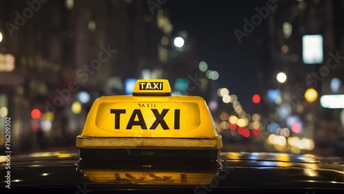 A taxi drives through the city at night. AI photo