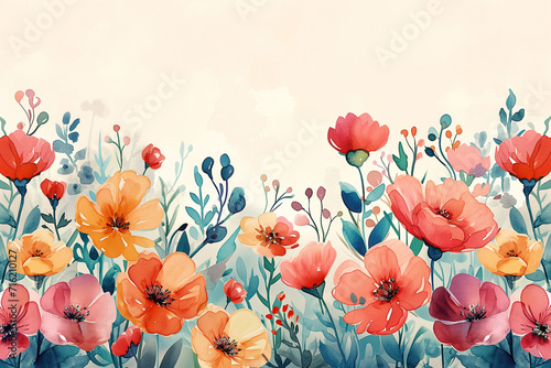 Flowers background watercolor illustration with empty space. Beautiful nature photo