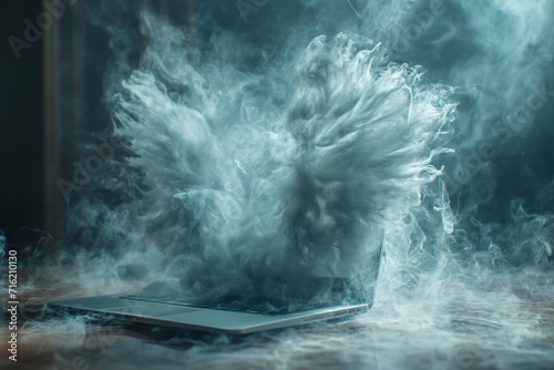 Laptop with cloud wings. Abstract product photography