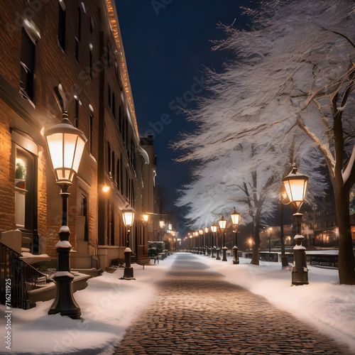  Winter Wonderland: Cobblestone Street Lined with Snow-Covered Trees