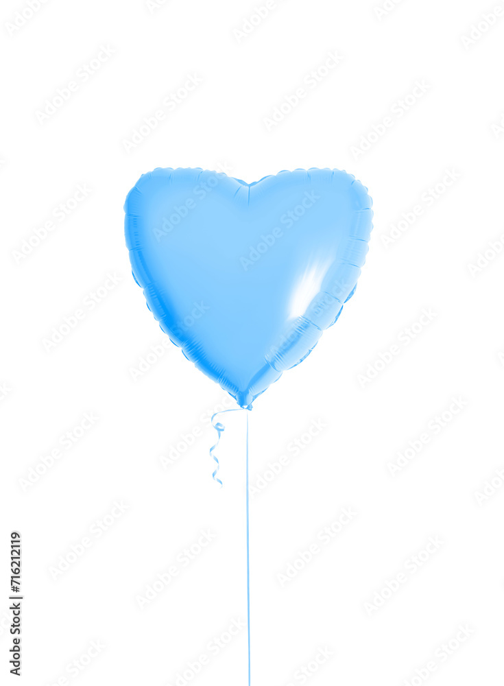 One light blue heart shaped balloon with ribbon isolated on white background. Beautiful birthday party gift. Floating object. Inflatable ball by helium gas. Valentines day gift. Love symbol. Boyish