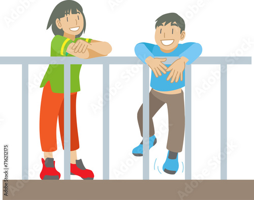 フェンスから景色を楽しむ子供達のイラスト