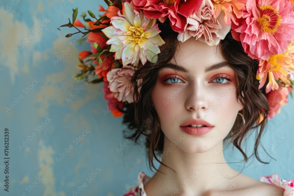 A woman with a floral headband and a flower crown on her head