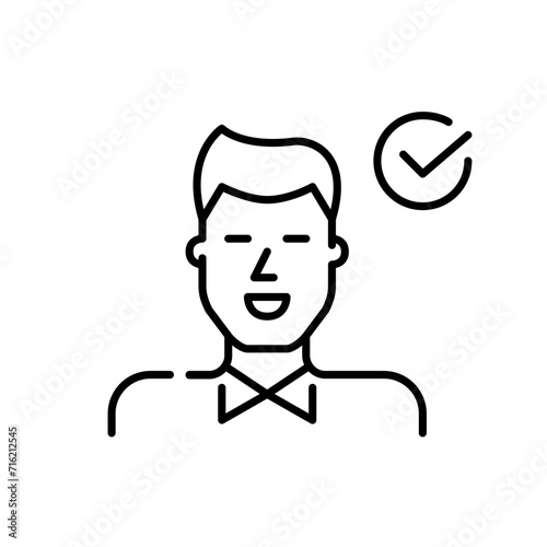 Finding the best candidate to fill the vacation. Young man in formal shirt with check mark. Pixel perfect, editable stroke icon