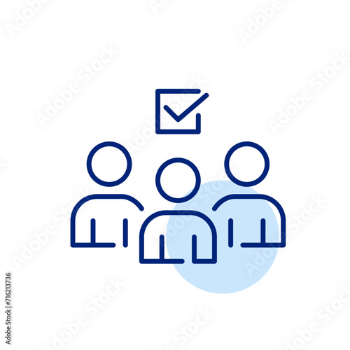 Three people with checkmark symbol. Finding the right candidate. Pixel perfect, editable stroke icon