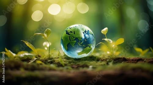 the earth in a green forest, filled with beautiful green plants, a symbol of a green earth and the earth's salvation in the future