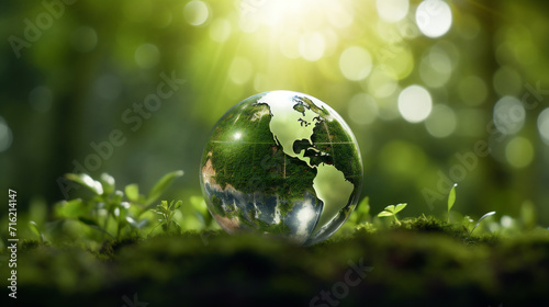 the earth in a green forest  filled with beautiful green plants  a symbol of a green earth and the earth s salvation in the future