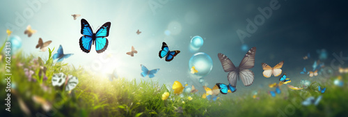 a group of beautiful butterflies were flying between the green grass and the clear sky © Syukra
