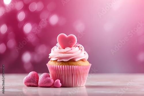 Cupcake with hearts on bokeh background