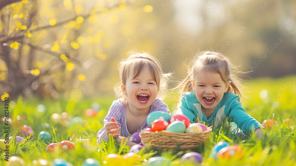 Two joyful children collecting colorful Easter eggs in the basket in the garden on a sunny day. Two joyful children collecting colorful Easter eggs in the basket in the garden on a sunny day.