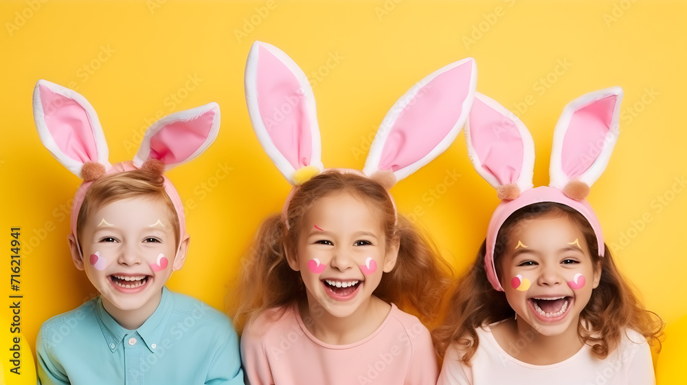 Happy children in bunny ears celebrating easter Happy children in bunny ears celebrating easter