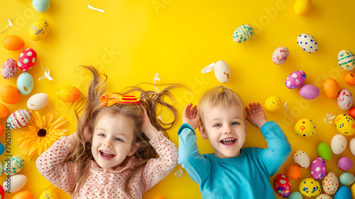 Two happy children and colorful easter eggs in easter festival