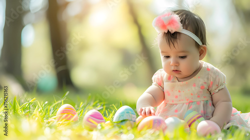 Happy baby girl and colorful easter eggs on grass