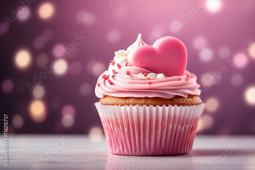 cupcake with pink frosting, sprinkles and a heart on top