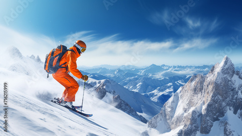 skier on background of snowy mountains