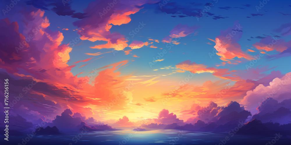 Beautiful sunset background with clouds. Vector illustration sunset sky. Gradient violet and yellow sky clouds landscape, evening sunset heaven panorama vector background illustration. Sunset .