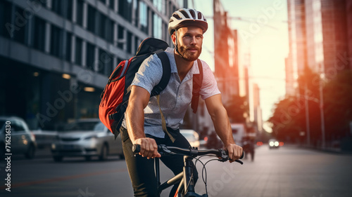 young man riding a bicycle on a road in a city