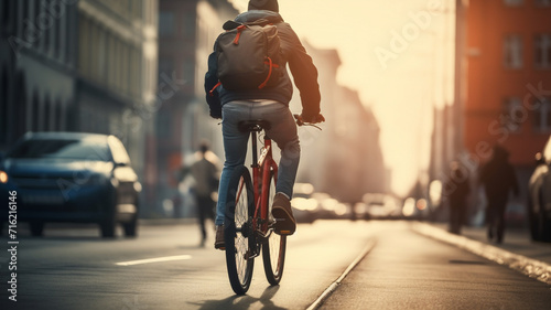young man riding a bicycle on a road in a city
