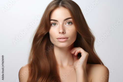 Woman with long brown hair posing for picture. Ideal for use in lifestyle or portrait photography projects