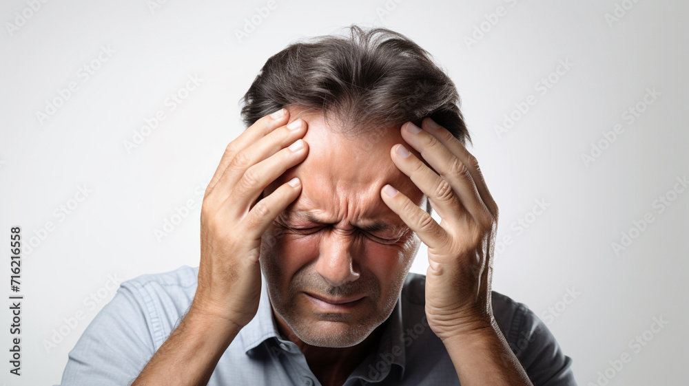 adult man with headache holding her head having pain adult man with headache holding her head having pain