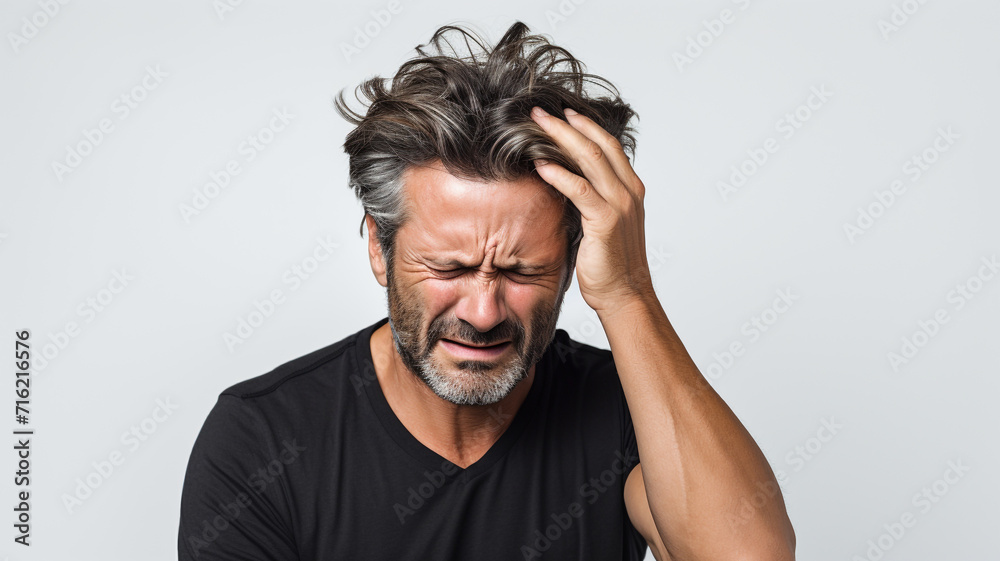 adult man with headache holding her head having pain adult man with headache holding her head having pain