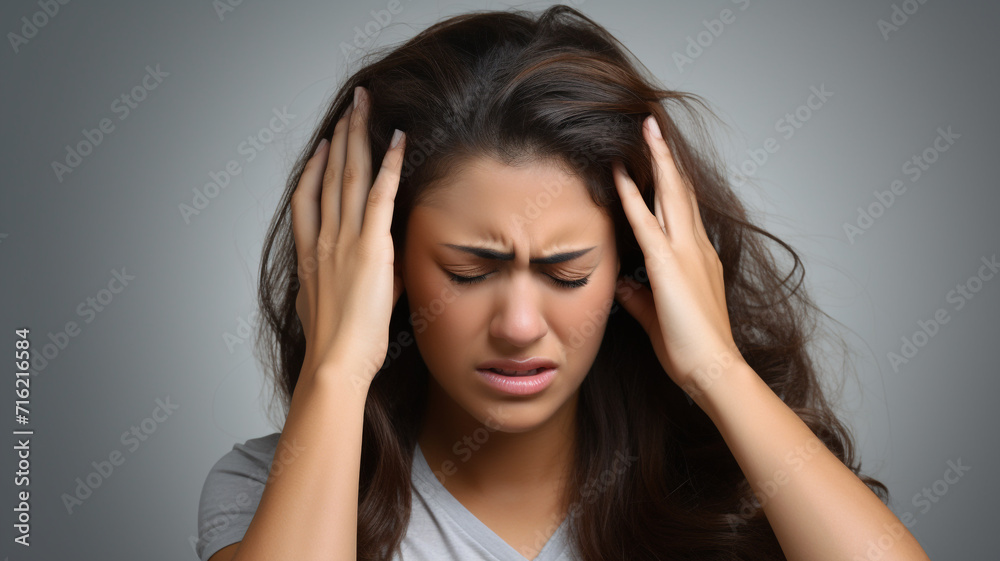 adult woman with headache holding her head having pain adult woman with headache holding her head having pain