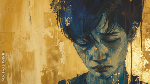 Illustration of a sad person, male, empty space to write messages, greeting card, wallpaper, funeral, heartbroken