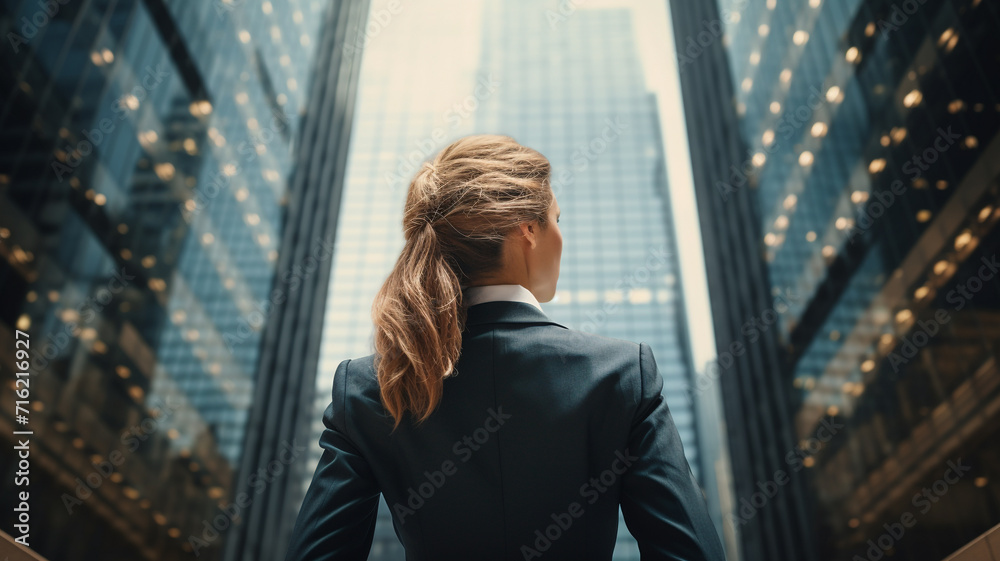 Fototapeta premium back view of business woman standing in front of a tall skyscraper building in a city