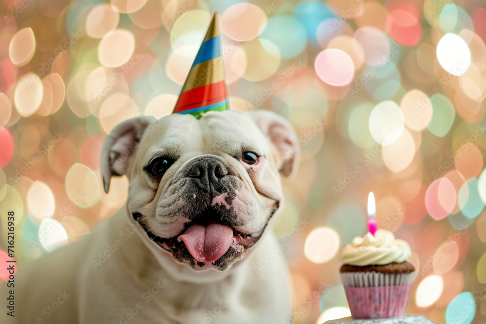 Bulldog Celebrates Birthday with Cupcake and Sparkling Lights