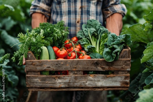 A fresh vegetable box made of wood is held by a man farmer. Generative Ai.