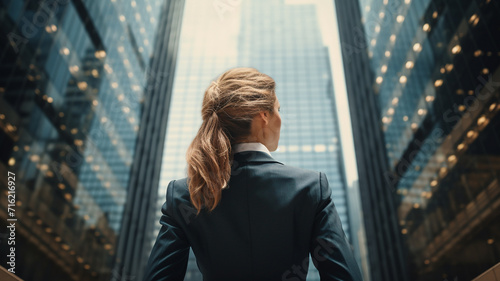 back view of business woman standing in front of a tall skyscraper building in a city