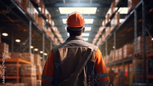 back view of of male worker wearing a hard hat in a retail warehouse. Labor day concept photo