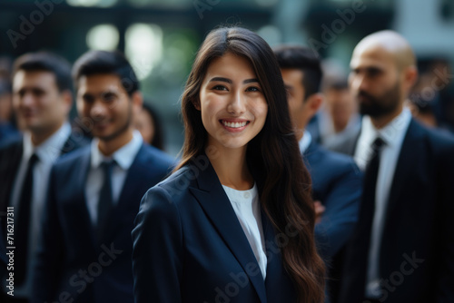 Woman confidently stands in front of group of business people. This image can be used to represent leadership, teamwork, and success in corporate setting © vefimov