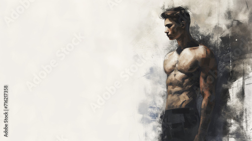 Muscular male physics, body builder background, space for writing messages, greeting card, desktop wallpaper
