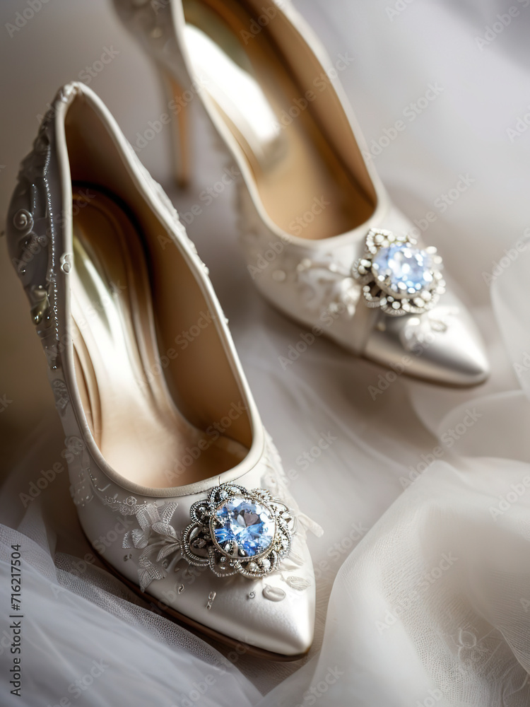 Wedding shoes with blue crystals on the background of a white veil Wedding shoes with blue crystals on the background of a white veil