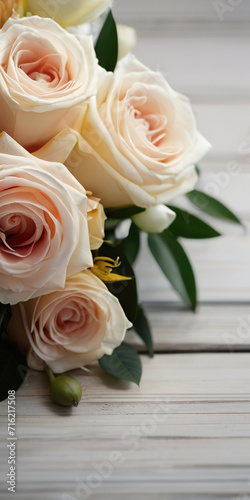 Bouquet of white and pink roses on a white wooden background. Space for text